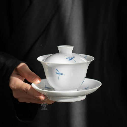 圭隐堂手绘兰花陶瓷三才盖碗