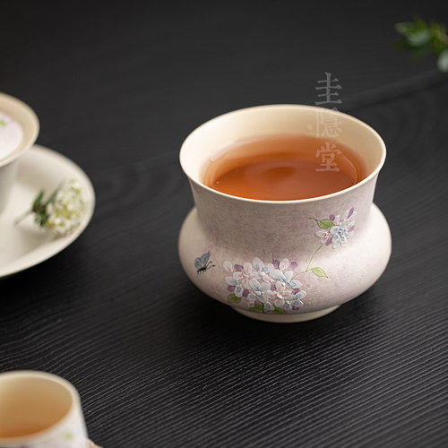圭隐堂手绘绣球花陶瓷建水茶渣缸家用茶洗茶废水桶花插花瓶摆件