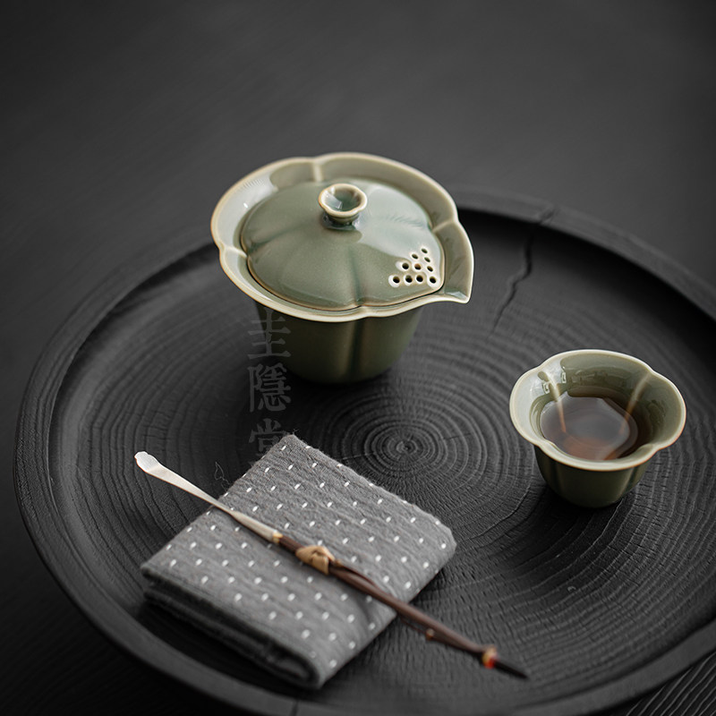 复古手工青瓷盖碗家用过滤泡茶杯 圭隐堂茶具防烫手抓壶分茶器陶
