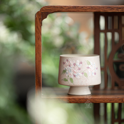 圭隐堂手绘绣球花堆雕陶瓷高足茶杯女士专用主人杯家用品茗杯单杯