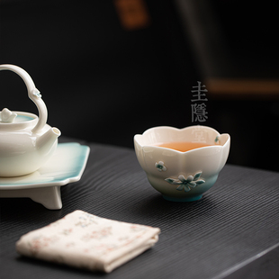 圭隐堂手工花瓣捏花陶瓷茶杯女士专用主人杯品茗杯个人单杯闻香杯