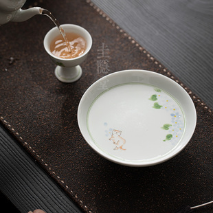 圭隐堂手绘绣球猫陶瓷茶点盘茶托盘壶承水果盘零食点心盘茶道零配