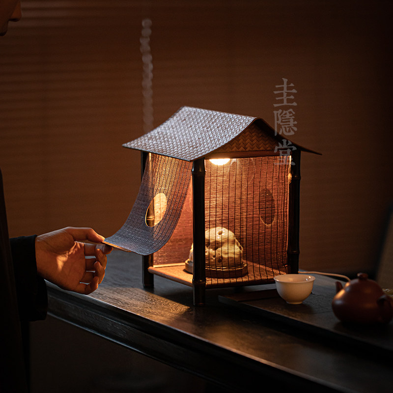 圭隐堂手工竹编紫竹灯屋茶室禅意氛围灯笼复古茶棚茶具收纳展示架