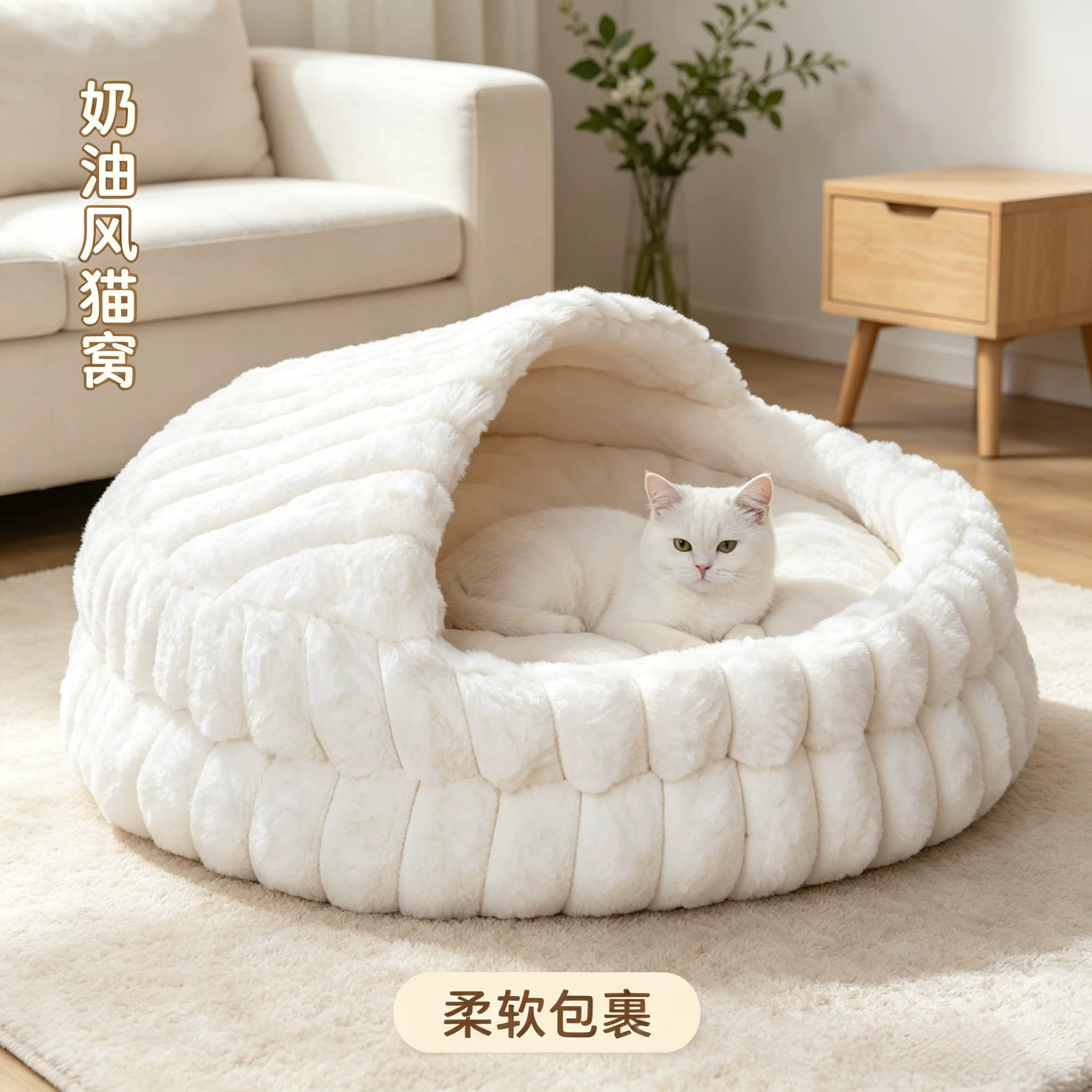 冬季加厚仿兔毛猫窝大号贝壳窝半封闭保暖狗窝宠物窝