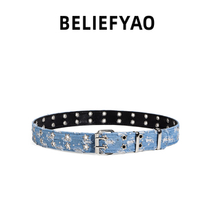 BELIEFYAO原创铆钉牛仔布腰带设计感小众配饰y2k朋克风皮带男女款