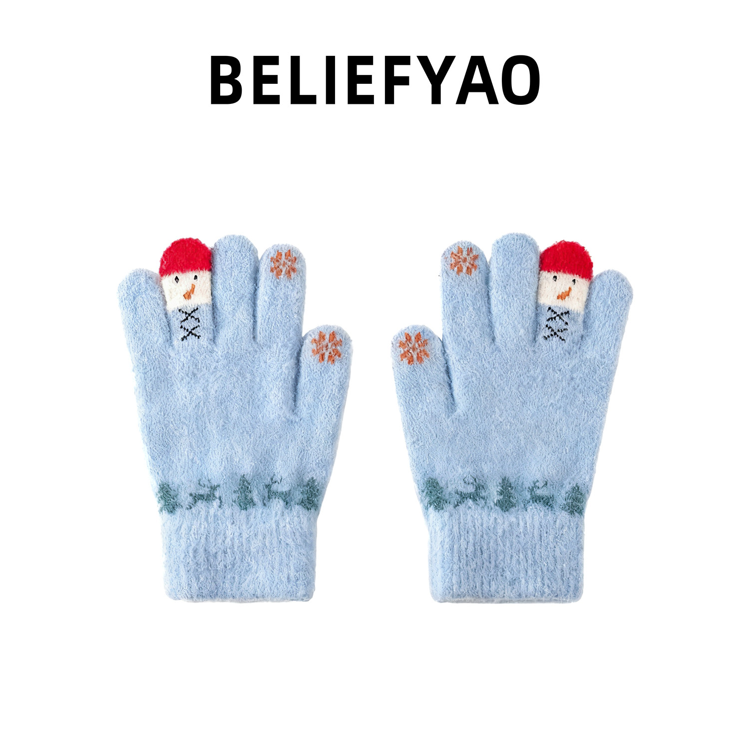 BELIEFYAO冬季雪人毛绒针织手套