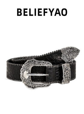 BELIEFYAO原创鳄鱼纹黑色腰带设计感小众美式复古y2k风皮带男女款