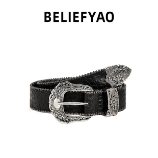 BELIEFYAO原创鳄鱼纹黑色腰带设计感小众美式 复古y2k风皮带男女款