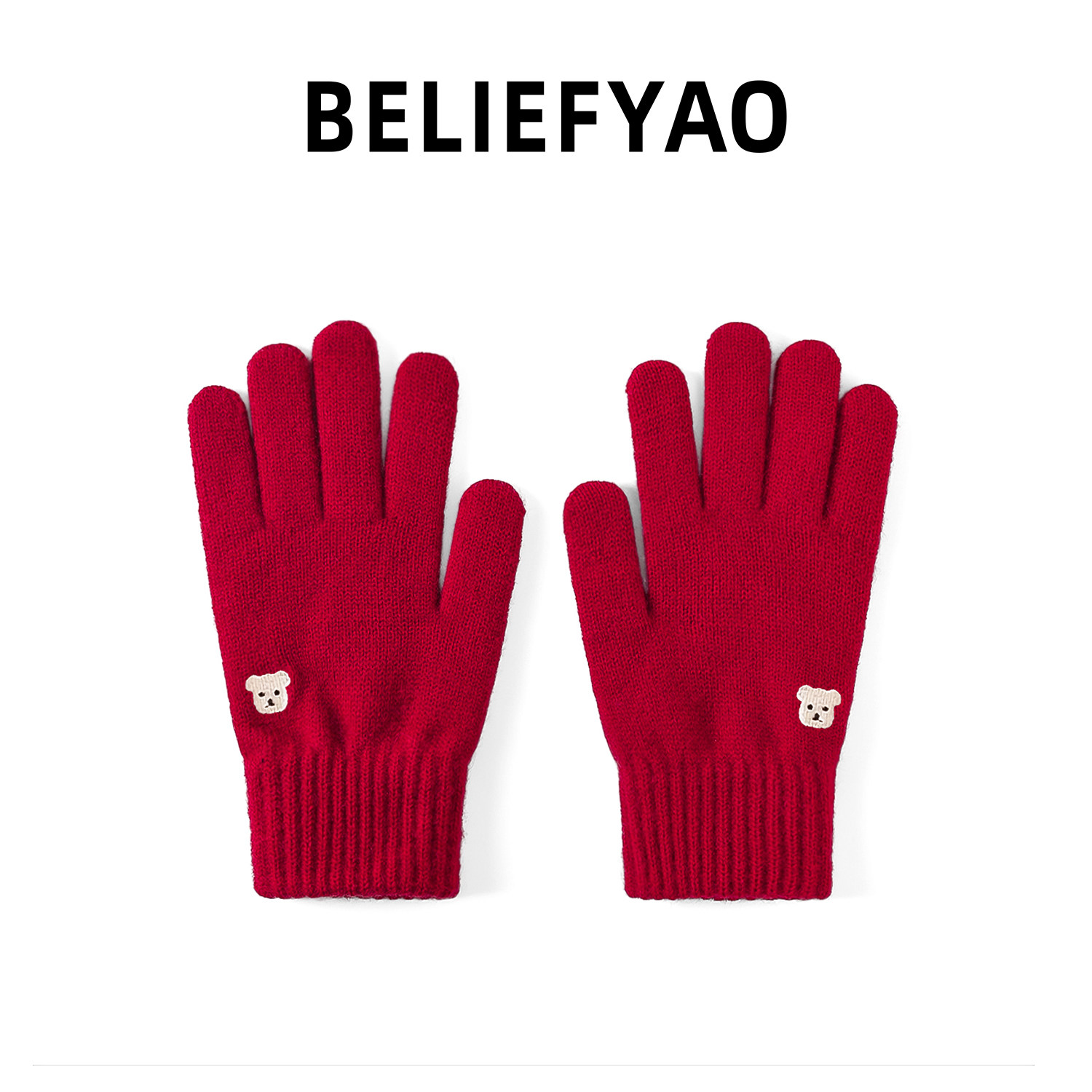 BELIEFYAO圣诞新年红色小熊刺绣防寒保暖冬季可触屏针织手套男女