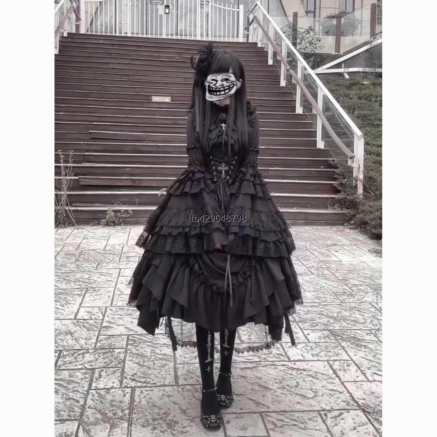 黑色哥特风姬袖腰封提拉裙洛丽塔lolita超华丽洋装lo娘裙女套装