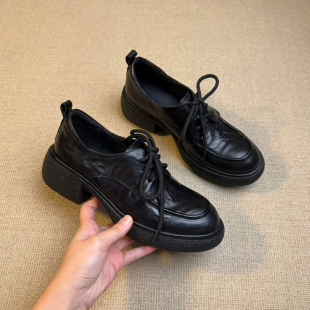 深口单鞋 粗跟英伦风乐福鞋 子 女2025年新款 复古厚底通勤系带小皮鞋