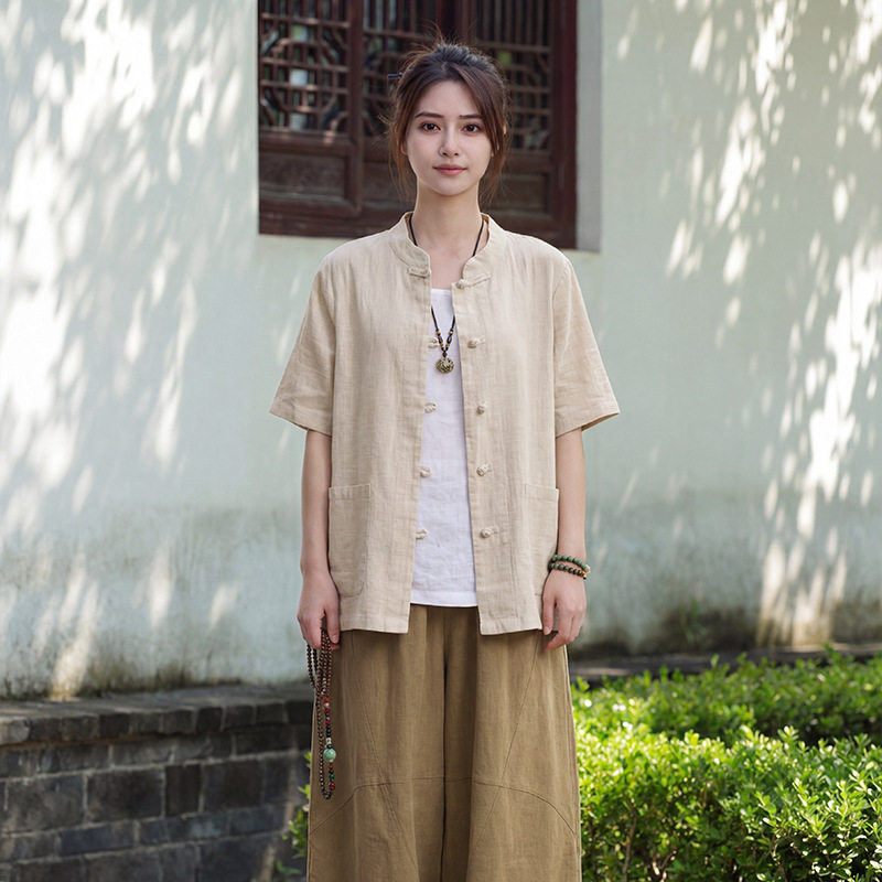 26新款棉麻短袖盘扣衬衫女新中式国风复古文艺宽松茶服工作服上衣