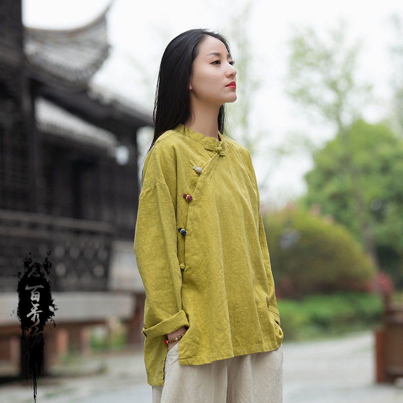 2026春季新款棉麻女装复古立领偏襟拼色砂洗盘扣上衣长袖女式衬衫