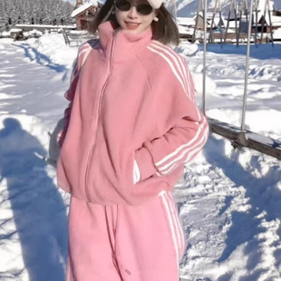 多巴胺粉色运动套装女冬季休闲百搭条纹外套长裤两件套大码两件套