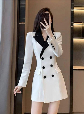 春秋新款长袖裙子轻熟法式收腰气质职业宴会白色撞色西装连衣裙女
