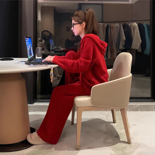 红色摇粒绒连帽卫衣套装女秋冬季加厚洋气慵懒风休闲运动服两件套