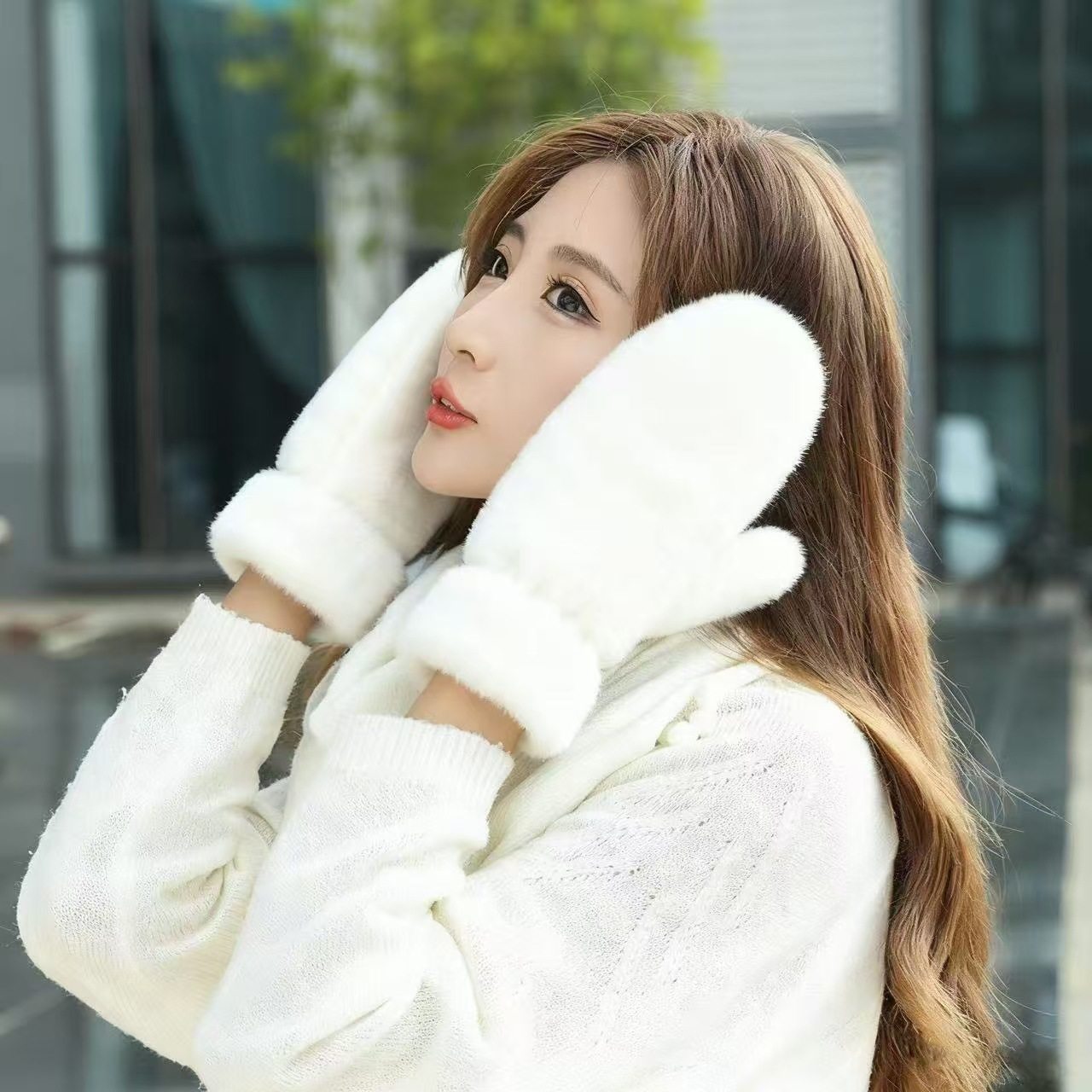 冬季手套批发毛绒加厚保暖女毛绒连指可爱简约仿兔毛学生手套跨境