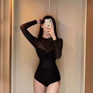 两件套性感游泳衣钢托聚拢显瘦遮肚温泉泳装 连体女式 泳衣网纱长袖