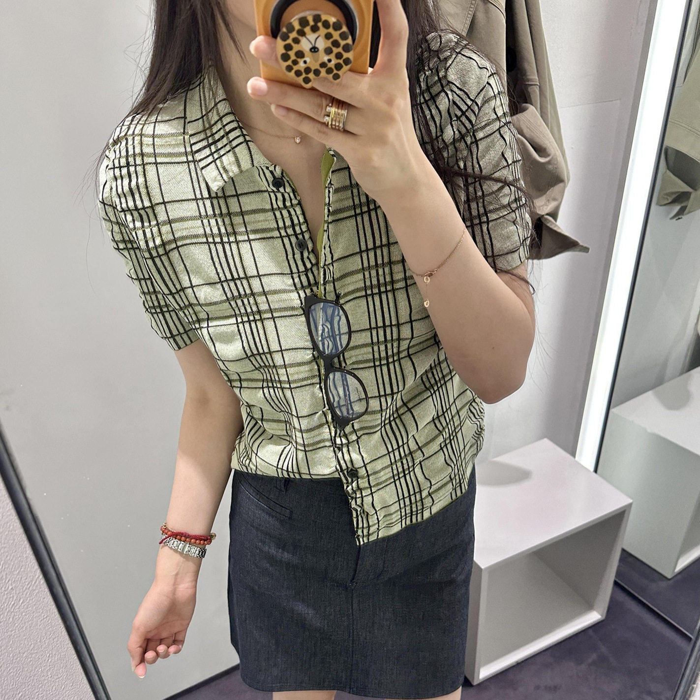 修身版型格纹提花衬衫绿色针织短袖POLO衫26春夏秋内衬百搭新品