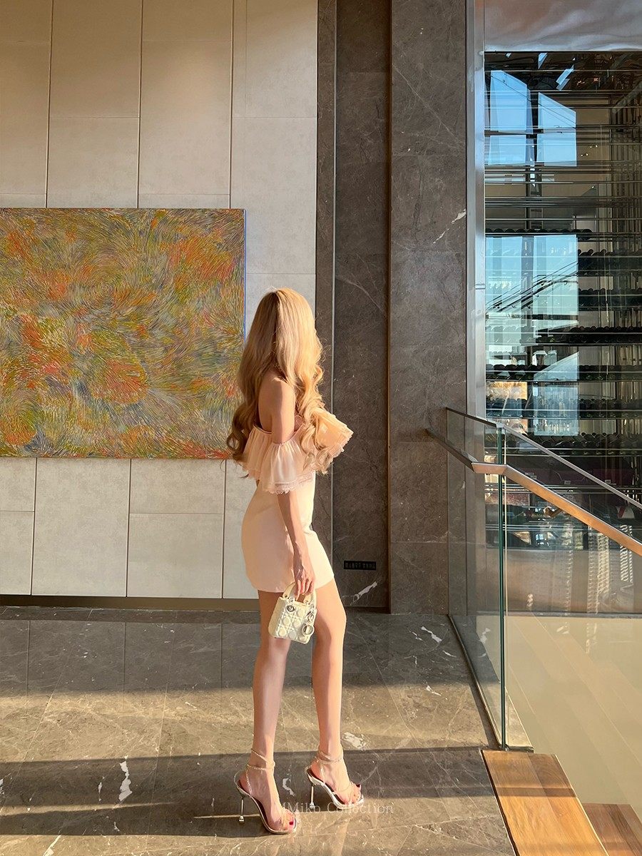 MMiko原创「粉雾日落」粉色一字肩荷叶边小礼服修身包臀连衣裙