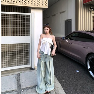 修身 长裤 一字肩抹胸衬衫 休闲裤 上衣女重工设计感水洗牛仔裤 实拍