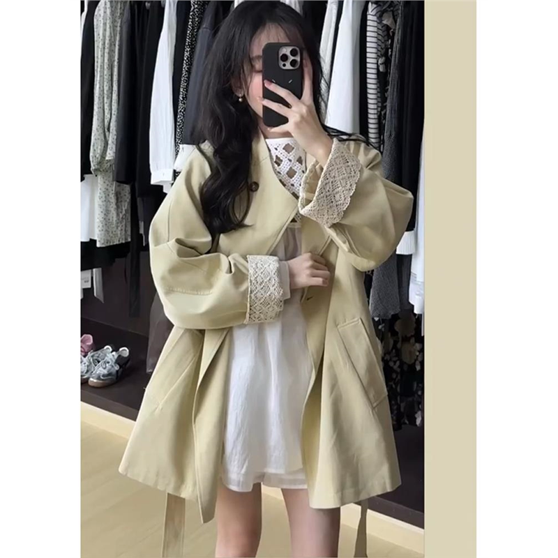 蕾丝拼接袖子风衣外套女2