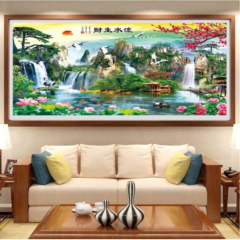 钻石画2025新款贴画八方聚财山水画点满砖石迎客松流水生财十字绣