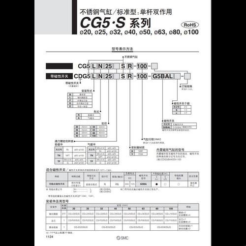 SMC不锈钢气缸迷你CDG5BASV/CDG5BN32SR/CGB5N20-25-32-80-63