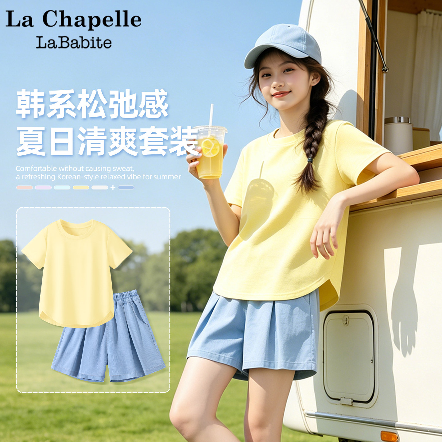 拉夏贝尔女童2026新款夏套装速干薄款短袖牛仔短裤儿童夏装运动服