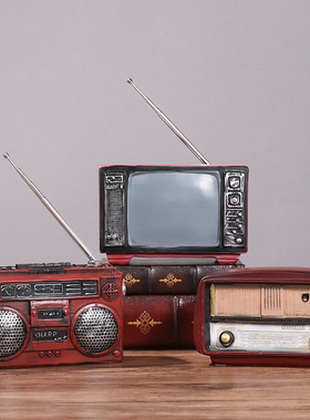 速发复古橱式收音机摆件电视机模型创意咖啡厅店铺老窗摆柜装饰品