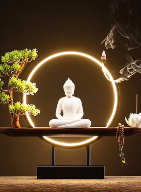 速发新中式样意如来摆件家居厅客玄关桌面创意灯圈禅板房软装饰品