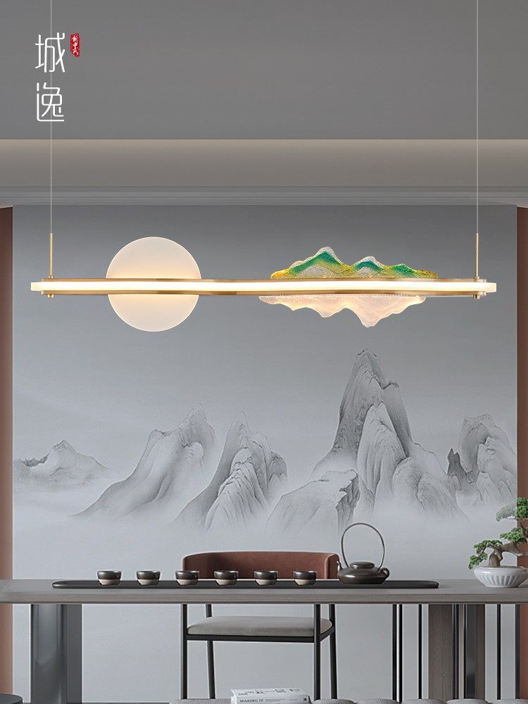新中式餐厅吊灯2023新款轻奢全铜茶室灯禅意创意长条别墅吧台灯具_虎窝淘