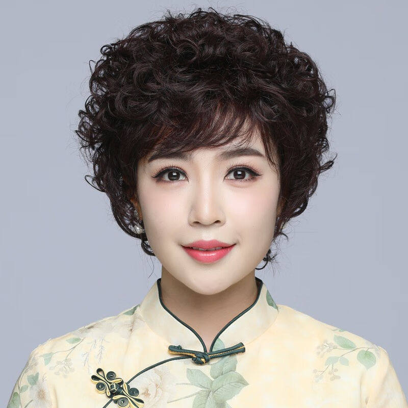 美蝶真发假发女短发中老年人全头套全真人发丝短卷发妈妈假发套假