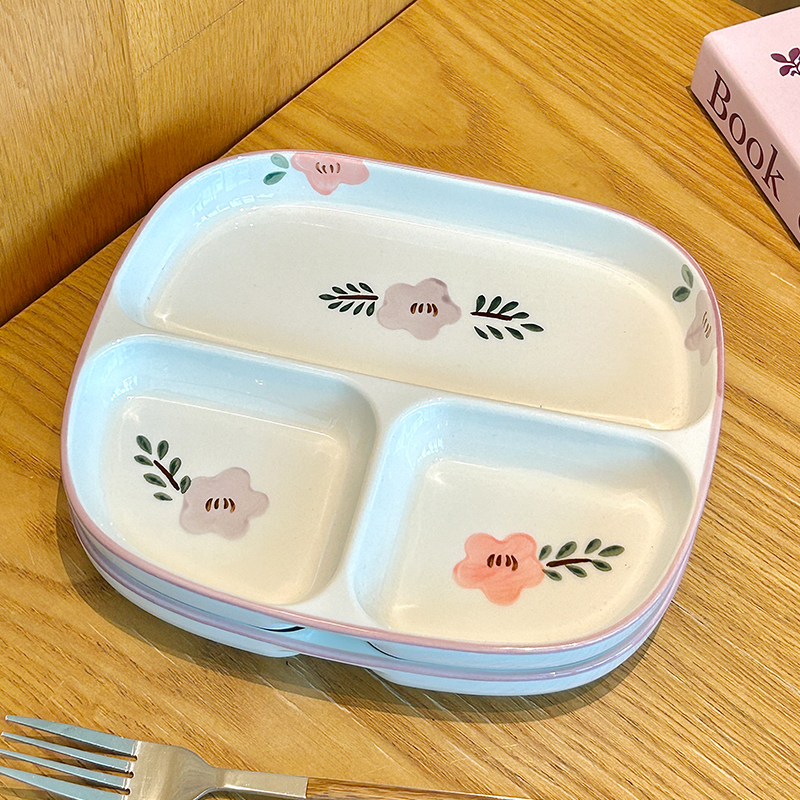 陶瓷三格分格盘家用2025新款高颜值早餐盘大人定量方形分隔分餐盘