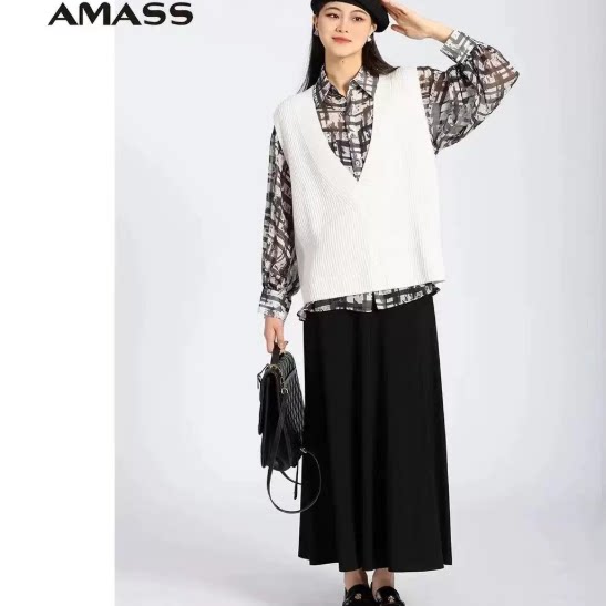 AMASS/阿玛施新款简约绵羊毛V领针织马甲洋气休闲百搭背心5399678