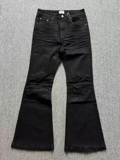 American High Street Retro Dark Niche Metal Handmade Wax-Coated Washed Floor-Length Flared Jeans for Men Trendy