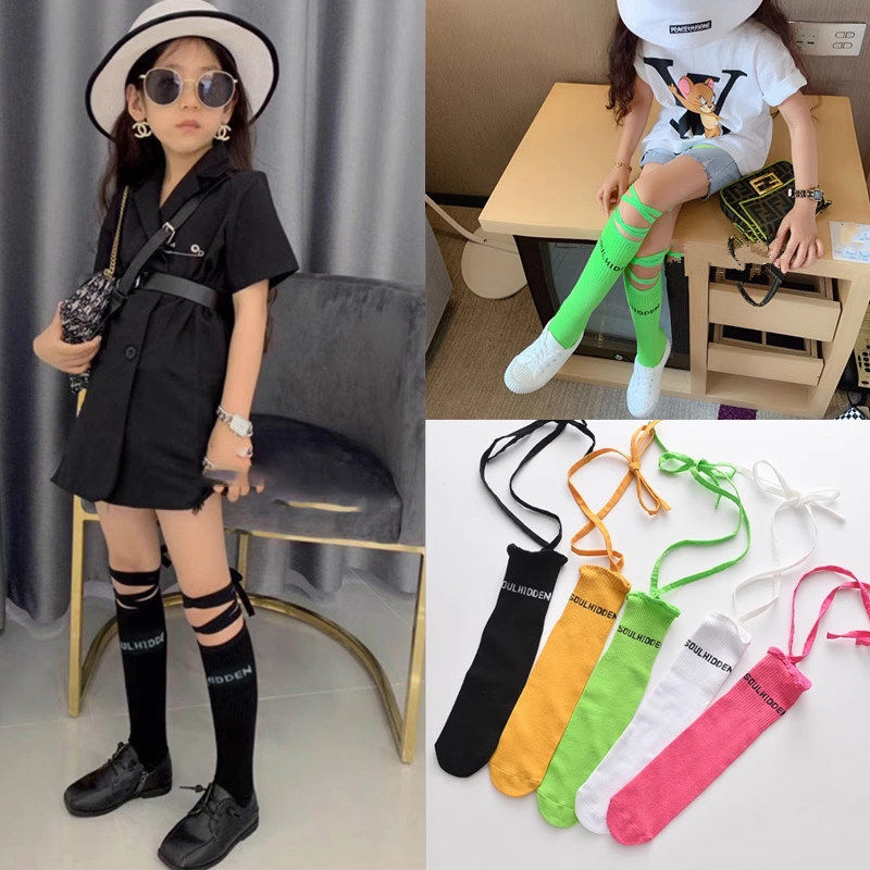 女童绑带袜子夏季新款韩国潮网红同款走秀中筒袜系带彩色中大童袜
