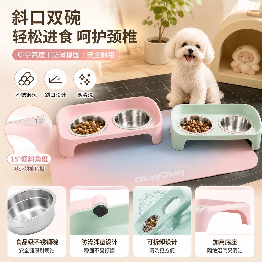 护颈防翻宠物双碗餐盘不锈钢猫狗碗架可拆分家用喂食器分离食盆