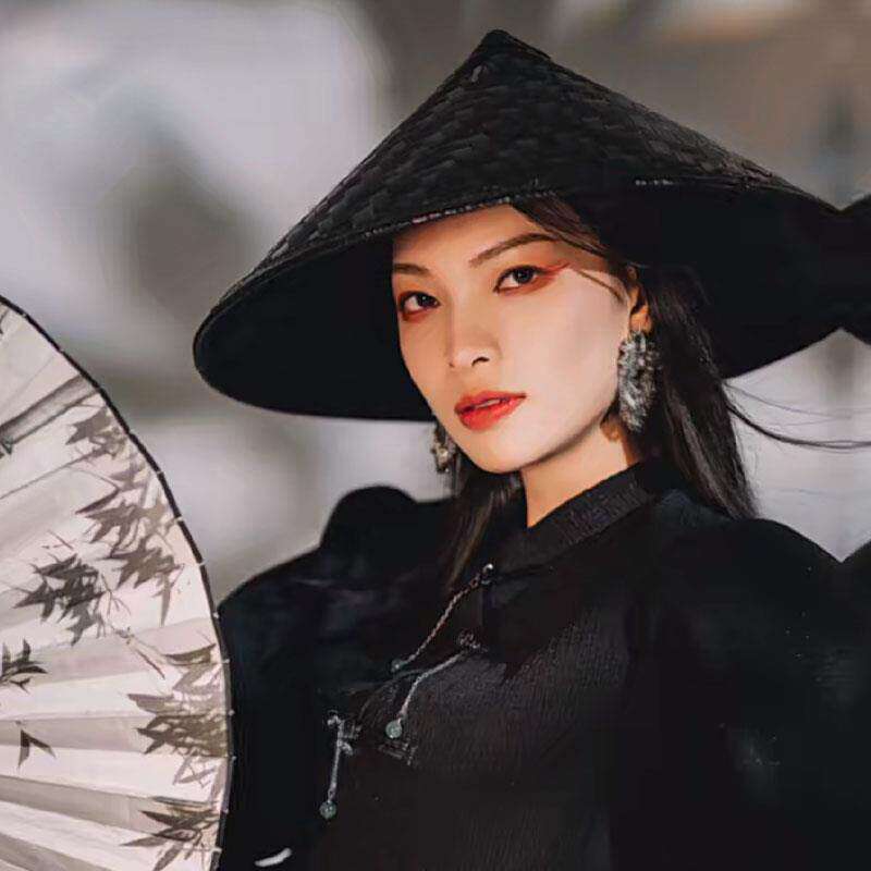 竹编古风黑色斗笠帽舞台演出表演道具男女武侠红色走秀侠客风笠帽
