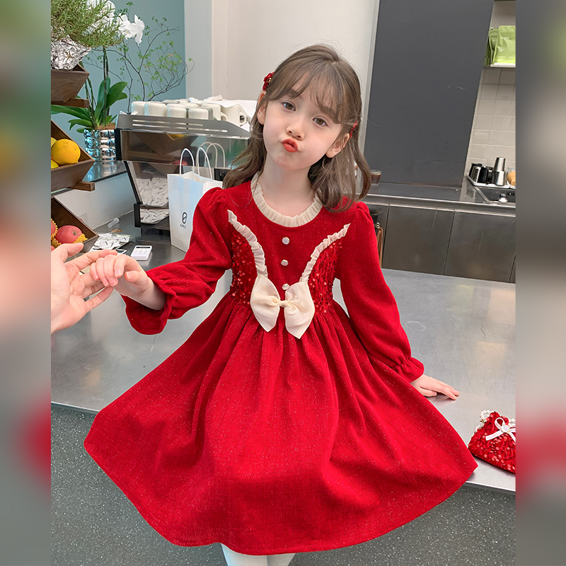 速发童洋装秋装202新款儿童套装洋派长袖小孩公主裙红色裙子