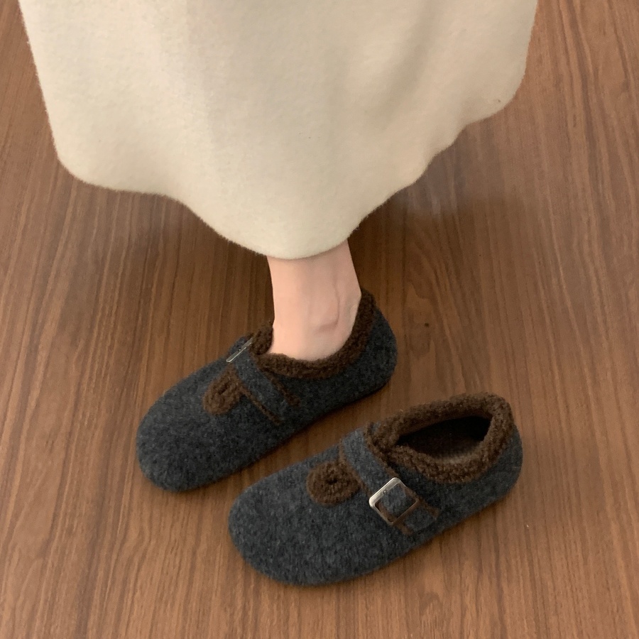 法式复古毛呢加绒勃肯鞋毛毛鞋