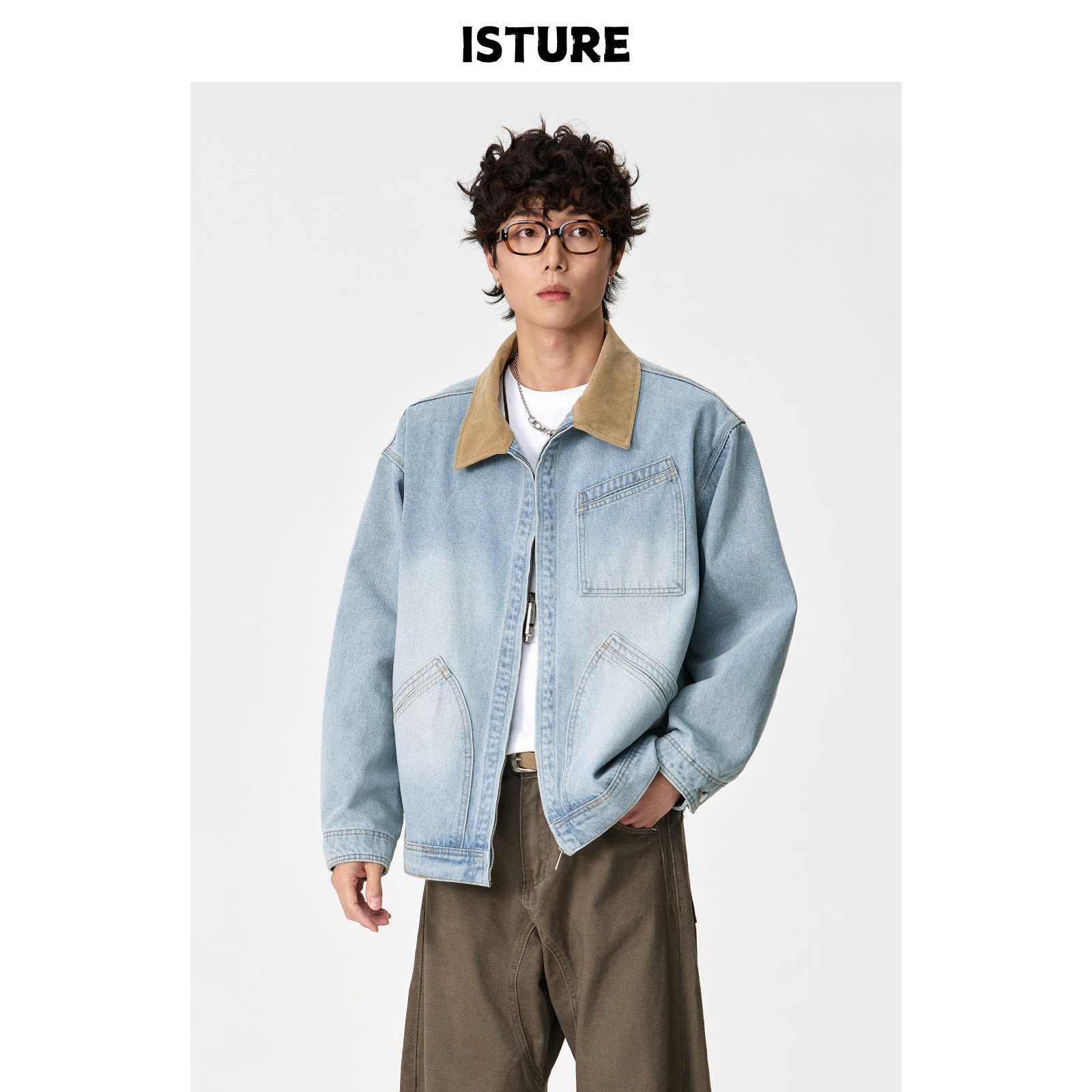 ISTURE美式复古做旧水洗翻领牛仔夹克情侣宽松痞帅休闲风工装外套