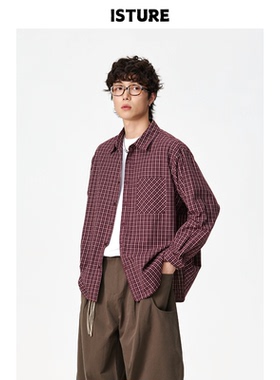 ISTURE美式复古暗红格子长袖衬衫男女宽松百搭休闲慵懒风衬衣外套