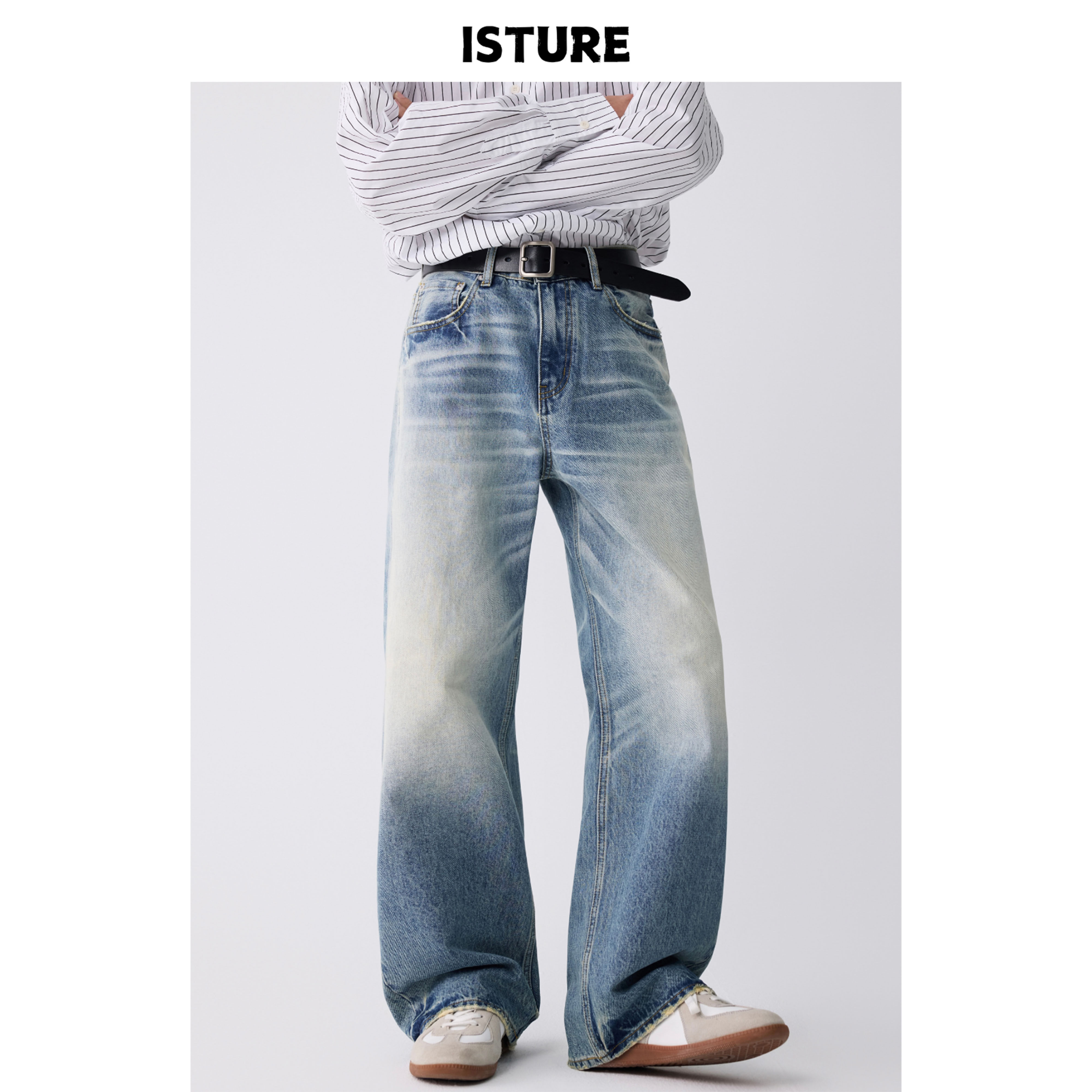 ISTURE美式cleanfit浅蓝色猫须水洗牛仔裤男女宽松休闲阔腿长裤子