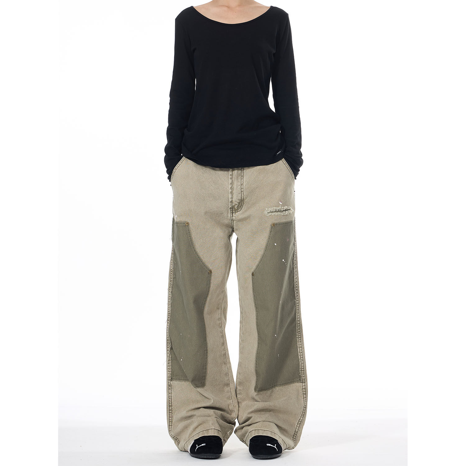 ISTURE美式撞色泼墨伐木工装裤男女宽松休闲刮烂水洗直筒牛仔裤潮