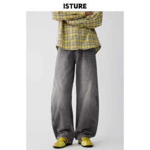 男女宽松水洗baggy休闲阔腿长裤 复古拼接弯刀牛仔裤 子 美式 ISTURE