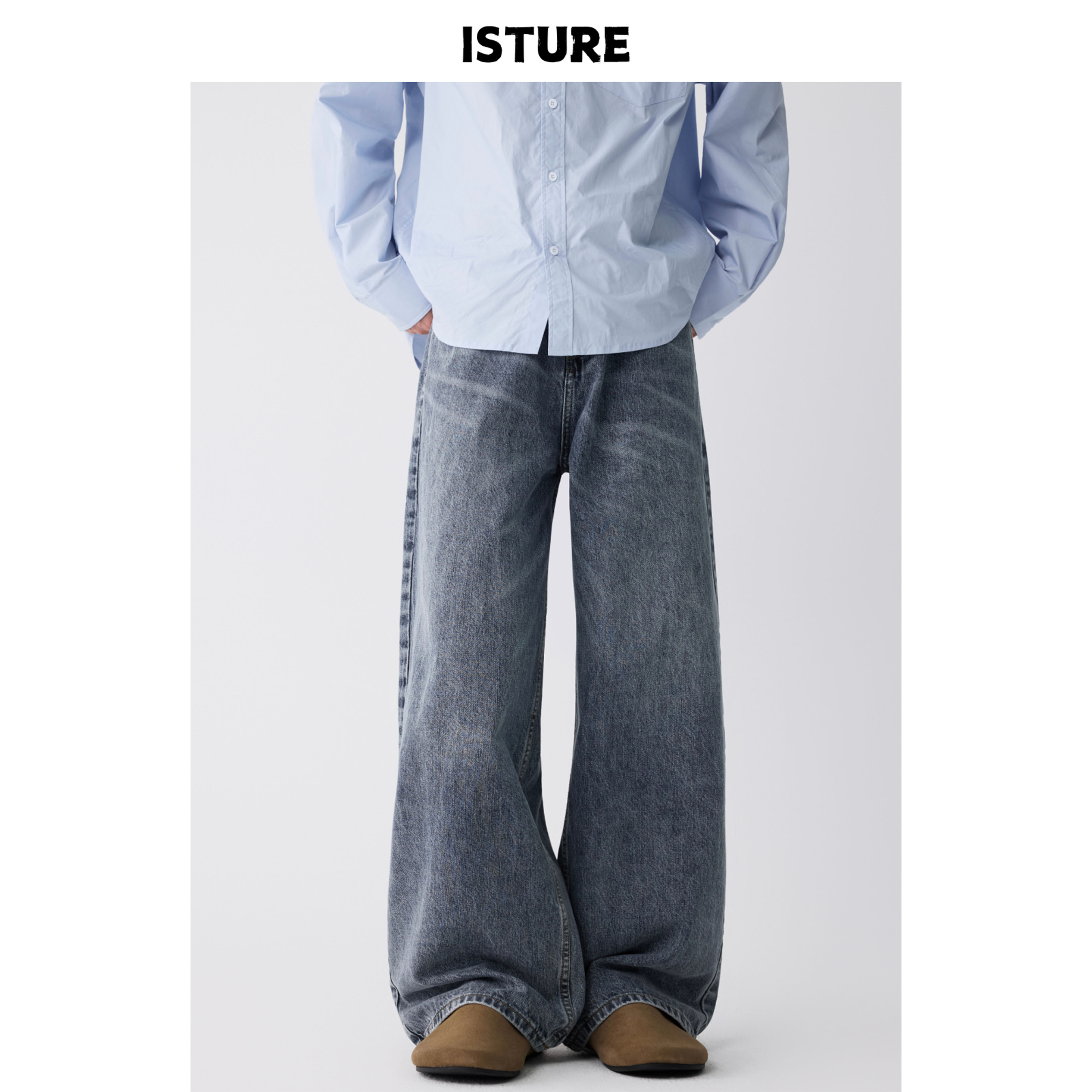 ISTURE美式复古vibe重磅水洗猫须牛仔裤男女宽松百搭休闲直筒长裤