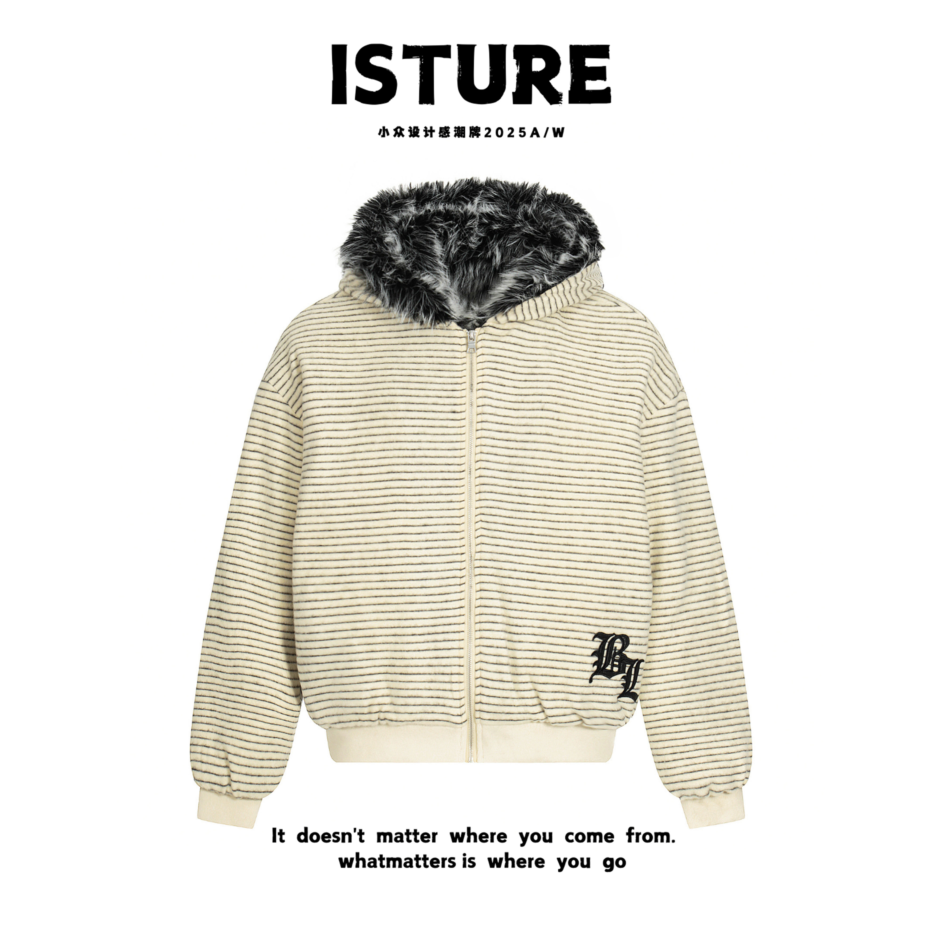 ISTURE美式复古兔耳毛领连帽座山雕棉服情侣宽松百搭休闲冬季外套