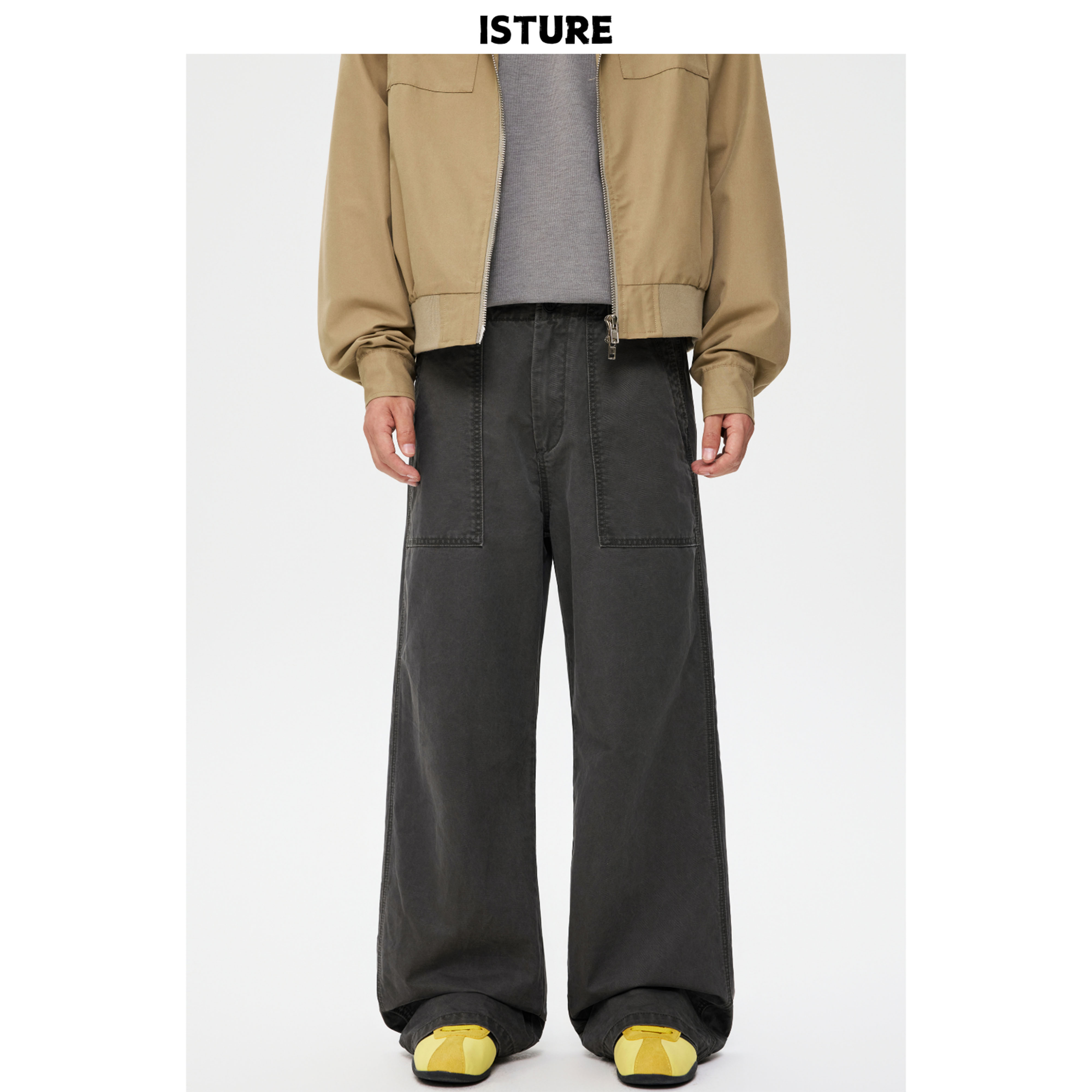 ISTURE美式cleanfit拼接大口袋工装裤男女宽松阔腿垂感百搭长裤子