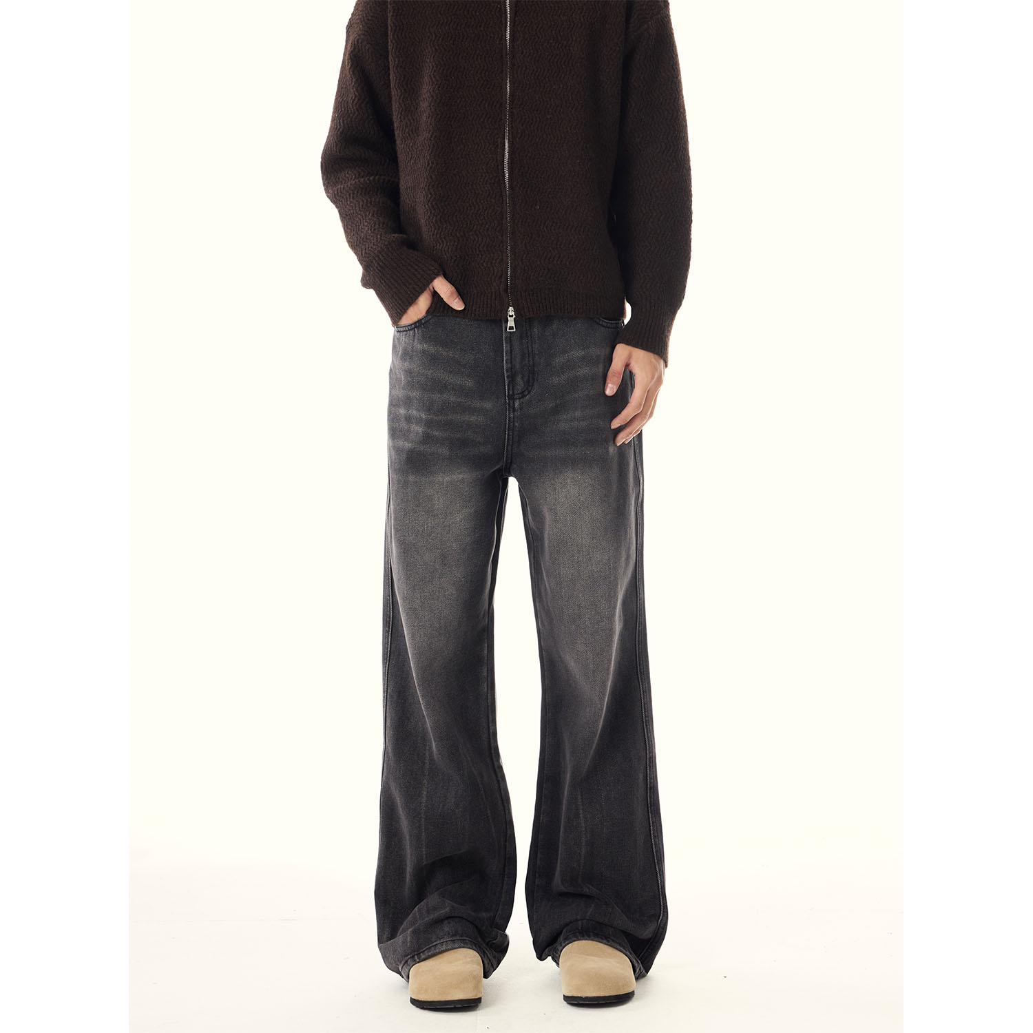 ISTURE美式复古水洗黑灰做旧牛仔裤男女秋冬款猫须痞帅直筒长裤潮